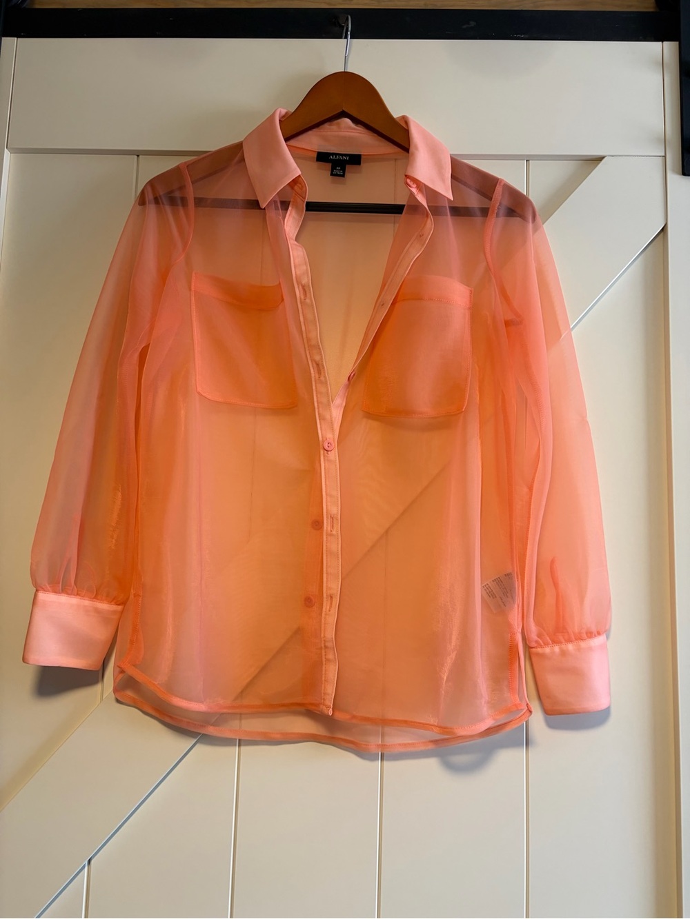 Alfani Sheer Button-Down Blouse in Coral